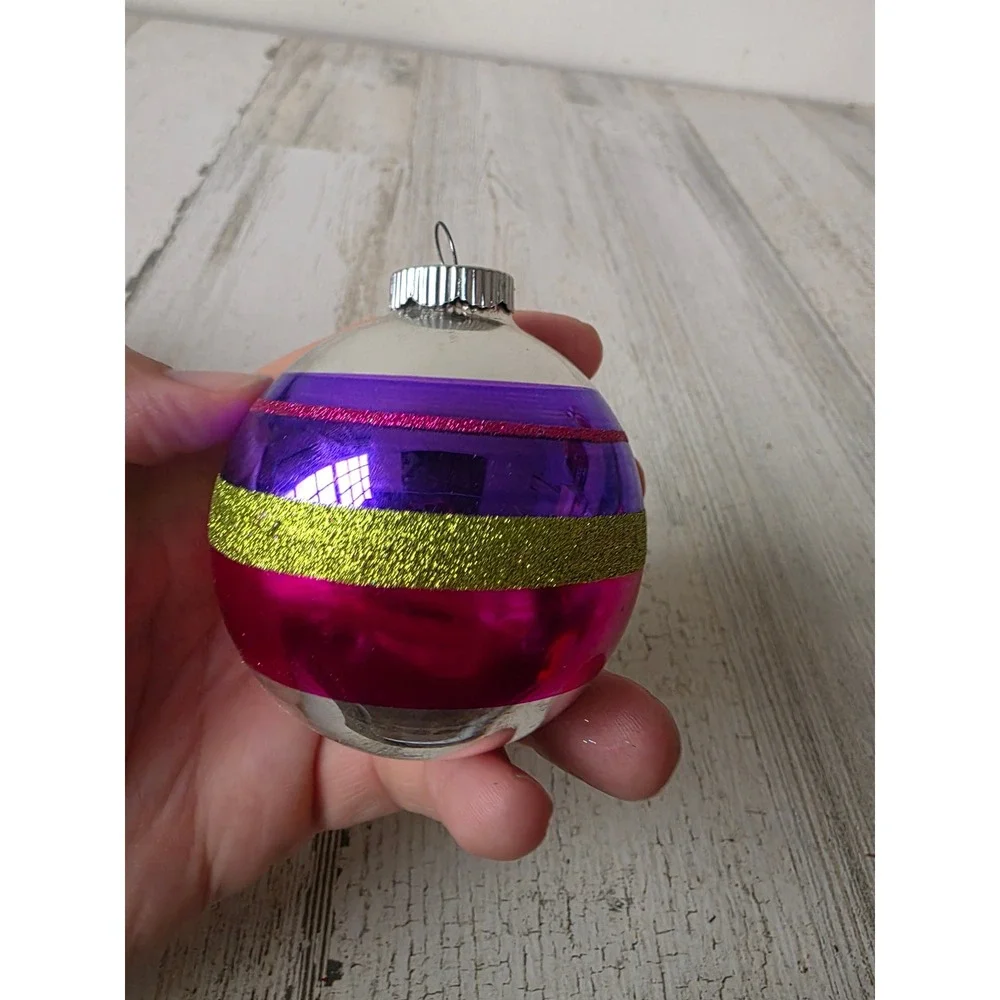 Vintage shiny brite indent striped glitter ball ornament pink purple green Xmas